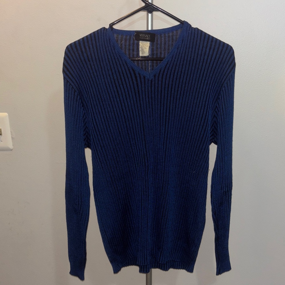 Versace Men's Blue V-Neck Sweater size Medium